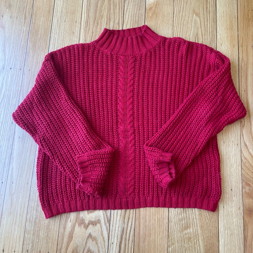 Size Medium, cherry red knit sweater. Oversized. 55% Ramie, 45% Cotton.